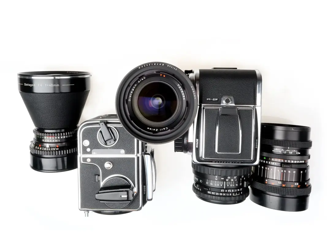 Hasselblad Kameras und Objektive von oben