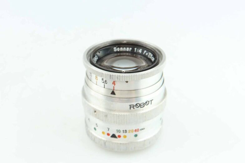 Robot Carl Zeiss Sonnar 75mm f4 Objektiv lens mit Gegenlichtblende RARE 86584 – Bild 4
